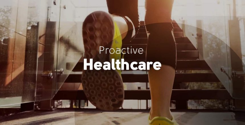 Woman running upstairs with Proactive Healthcare title